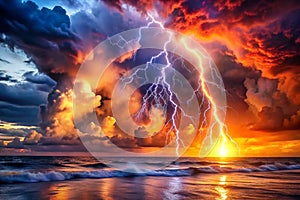 Dramatic lightning storm over ocean sunset beach