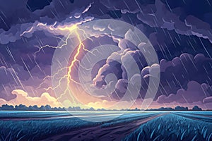 Dramatic Lightning Storm Over a Purple and Blue Field Rain Cloudscape Illustration dark clouds