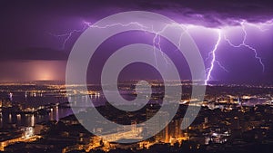 dramatic lightning storm over the water, creating a contrast between the warm and cool colors and a sense of awe and danger