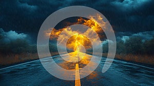 Dramatic lightning storm over wet road - generative ai