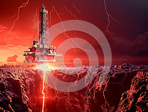 Dramatic Lightning Storm at Sea with Oil Rig Facing a Fiery Volcanic Eruption Environment Crisis Concept Artwork