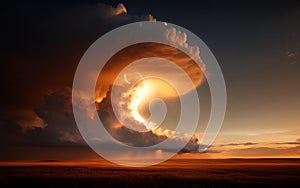Dramatic lightning storm at sunset over vast prairie landscape