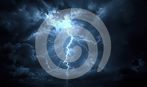 Dramatic lightning strike through dark storm clouds