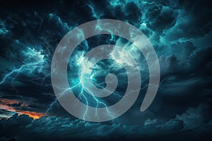 Dramatic Lightning Strike Through Dark Storm Clouds at Sunset