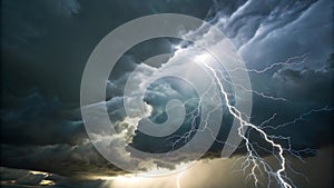 Dramatic Lightning Strike Illuminates Dark Storm Clouds In The Night Sky