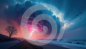 Dramatic lightning strike illuminates a stormy sky over a beach