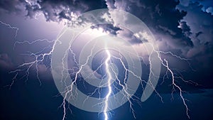 Dramatic lightning strike illuminating dark, stormy clouds in the sky.