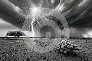 Dramatic Lightning Strike Over Desert Landscape in Monochrome