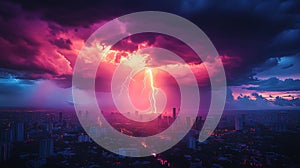 Dramatic lightning strike over a vibrant cityscape at night