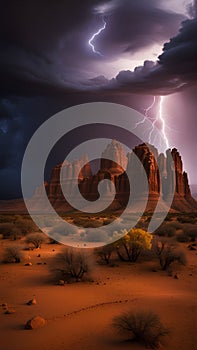 Dramatic Lightning Strikes Over Towering Desert Rock Formations