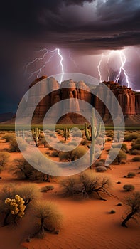 Dramatic Lightning Strikes Over Towering Desert Rock Formations