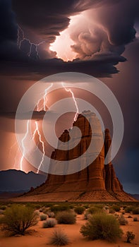 Dramatic Lightning Strikes Over Towering Desert Rock Formations