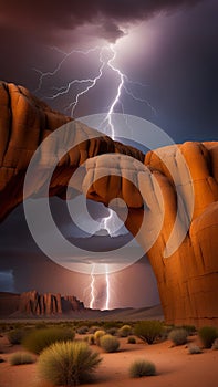 Dramatic Lightning Strikes Over Towering Desert Rock Formations