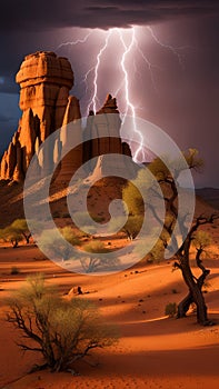 Dramatic Lightning Strikes Over Towering Desert Rock Formations