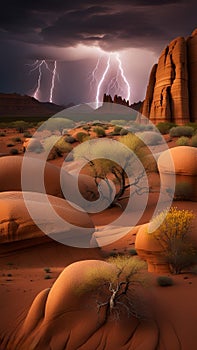 Dramatic Lightning Strikes Over Towering Desert Rock Formations