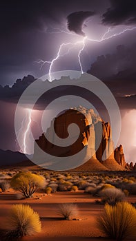 Dramatic Lightning Strikes Over Towering Desert Rock Formations