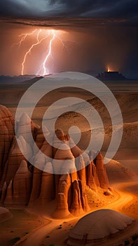 Dramatic Lightning Strikes Over Towering Desert Rock Formations