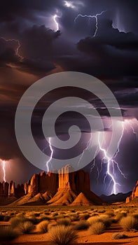 Dramatic Lightning Strikes Over Towering Desert Rock Formations