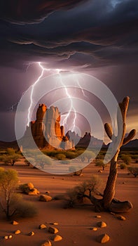 Dramatic Lightning Strikes Over Towering Desert Rock Formations