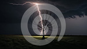 Dramatic Lightning Striking a Solitary Tree
