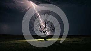 Dramatic Lightning Striking a Solitary Tree