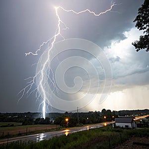 Lightning and thunderstorm flash with raining background photo