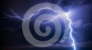 Dramatic massive lightning strike across dark cloudy night sky.