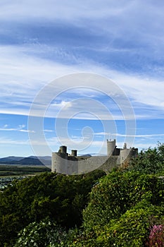 Dramatic medieval castle of Harlech, Wales. Vertical shot of this historic building