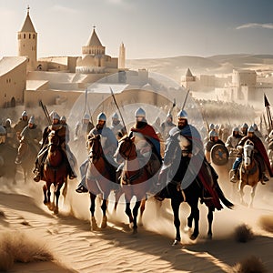 Dramatic Medieval Knights on Horseback During the Crusades photo