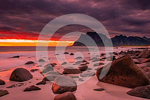 Dramatic midnight sunset with amazing colors over Uttakleiv beach on Lofoten Islands,  Norway