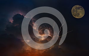 Dramatic Moon orbit planet Earth. lightnings in sunset sky with dark clouds