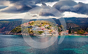 Dramatic morning cityscape of Asos village on the west coast of the island of Cephalonia