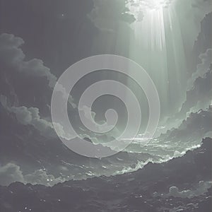 Dramatic Mountain Landscape with Sun Rays Through Clouds mountains light beams