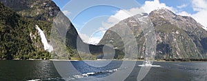 Dramatic mountain and sea Landscapes in the Milford Sound Fjord of the South Island of New Zealand.