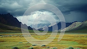 Dramatic Mountain Valley Landscape Under a Stormy Sky
