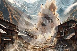 Dramatic Mountain Village Devastation Scene with Explosive Action and Realistic Destruction Effects photo