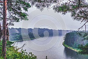 Dramatic Mystic Landscape on a Foggy River. Amazing River and Forest Landscape