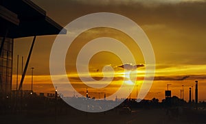 Colorful solar eclipse . Total solar eclipse over the city .