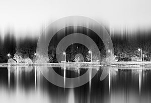 Dramatic night park illumination reflections background