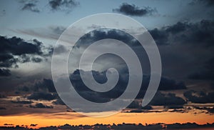 Dramatic night sky with clouds. Horizontal nature background