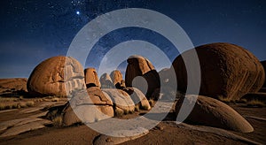 Night Sky Rock Formations Illuminated by Moonlight in Arid Desert Landscape