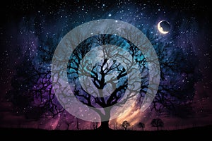 dramatic night sky with stars and mystical tree silhouettes
