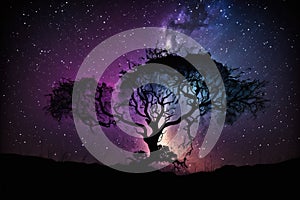 dramatic night sky with stars and mystical tree silhouettes