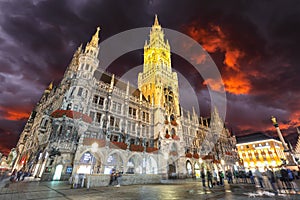 Dramatic night view of  Marienplatz and Munich city hall