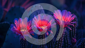 A dramatic nightblooming cactus with striking magenta flowers glowing under the moonlight photo