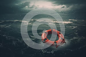 Dramatic ocean rescue scene with stormy sky, red lifebuoy floating in the water. Rescue is looking for the survivors. Generative