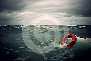 Dramatic ocean rescue scene with stormy sky, red lifebuoy floating in the water. Rescue is looking for the survivors. Generative