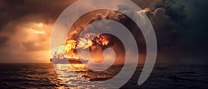 Dramatic Ocean Scene with Burning Ship at Sunset. Fiery Maritime Disaster Artwork. Emergency and Crisis at Sea Concept