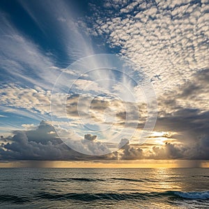 Dramatic ocean sunset with extensive cloud formations. The sky di