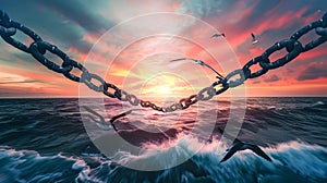 Dramatic Ocean Sunset with a Giant Chain Linking Sky and Sea, Symbolic Imagery of Connection. Ocean Sunset, Chain